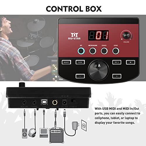 MUSTAR Electronic Drum Set, Electric Drum Sets for Adults Beginners Kids with Mesh Drum Pads, Kick Pedal, Drum Stool, Drum Sticks, USB MIDI Connectivity, 180 Sounds & 15 Kits, Holiday Birthday Gifts