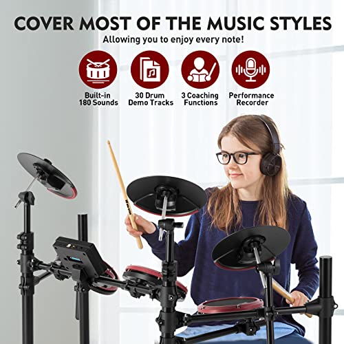 MUSTAR Electronic Drum Set, Electric Drum Sets for Adults Beginners Kids with Mesh Drum Pads, Kick Pedal, Drum Stool, Drum Sticks, USB MIDI Connectivity, 180 Sounds & 15 Kits, Holiday Birthday Gifts