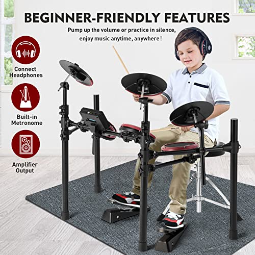 MUSTAR Electronic Drum Set, Electric Drum Sets for Adults Beginners Kids with Mesh Drum Pads, Kick Pedal, Drum Stool, Drum Sticks, USB MIDI Connectivity, 180 Sounds & 15 Kits, Holiday Birthday Gifts