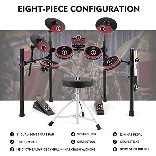 MUSTAR Electronic Drum Set, Electric Drum Sets for Adults Beginners Kids with Mesh Drum Pads, Kick Pedal, Drum Stool, Drum Sticks, USB MIDI Connectivity, 180 Sounds & 15 Kits, Holiday Birthday Gifts
