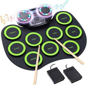 Electronic Drum Kit 9 Pads Roll-up Practice Drum Set With Colorful Lights for 8h Playing With Built-in Speaker, Headphone, USB MIDI Jack for Kids, Teens, and Adults Beginner, Best Birthday Gift