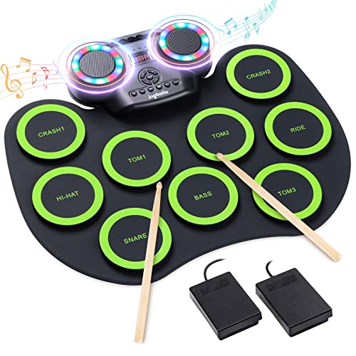 Electronic Drum Kit 9 Pads Roll-up Practice Drum Set With Colorful Lights for 8h Playing With Built-in Speaker, Headphone, USB MIDI Jack for Kids, Teens, and Adults Beginner, Best Birthday Gift