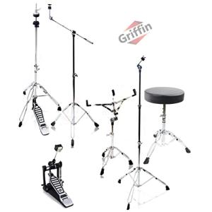 Griffin Complete Drum Hardware Pack 6 Piece Set Full Size Percussion Stand Kit with Snare, Hi-Hat, Cymbal Boom, Throne Stool & Single Kick Drum Pedal | Lightweight and Portable, Perfect for Gigs