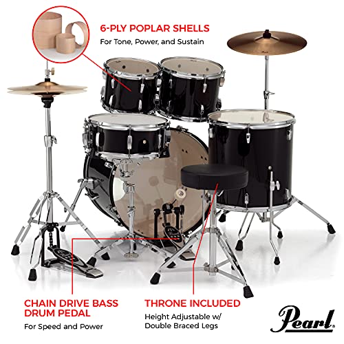 Pearl Roadshow 5-Piece Drum Set with Cymbals, Jet Black