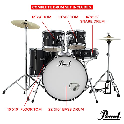 Pearl Roadshow 5-Piece Drum Set with Cymbals, Jet Black