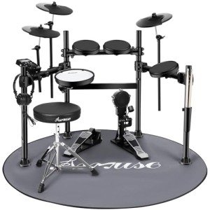 Asmuse ADE-60 Electric Drum Set, Drum Set With 4 Mesh Drum Pads, Switch Pedals, Headphones, Sticks, Electronic Drum Kit for Beginners Adults Kids (Black)