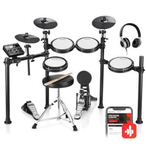 Donner DED-200 Electric Drum Sets, Electric Drum Kits with Quiet Mesh Drum Pads, 2 Cymbals w/Choke, 31 Kits and 450+ Sounds, Throne, Headphones, Sticks, USB MIDI, Melodics Lessons (5 Pads, 3 Cymbals)