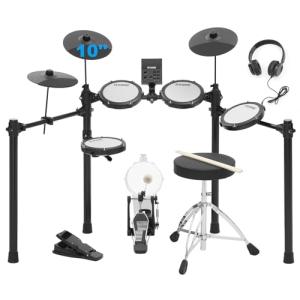 RVONE Electric Drum Set with Kick Hammer Pedal, Electronic Drum Kit for Beginner Adult with 150 Sounds, 10" Cymbals, 4 Quiet Mesh Pads, all-in-one drum set with Throne, Headphones, Sticks