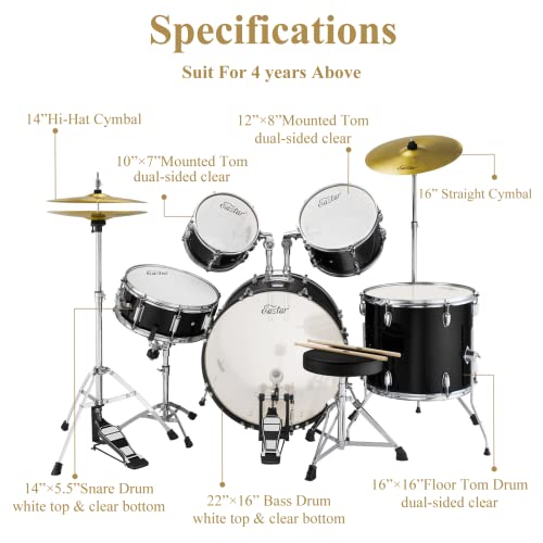 Eastar 22" Drum Set: Full Size, 5-Piece Kit