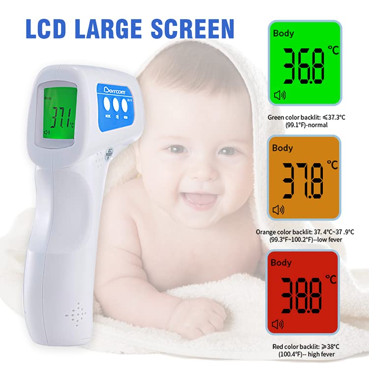 Berrcom No-Contact Infrared Forehead Thermometer Medical Grade Baby Fever Check Thermometer 4 in 1 Multifunctional Fever Alarm Memory Recall for Kids Infant Adult with FDA and CE