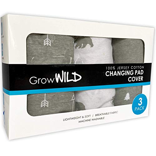 GROW WILD Changing Pad Cover 3 Pack | Soft & Stretchy Jersey Cotton | Baby Changing Table Pad Cover | Gray Diaper Changing Pad Covers for Girls or Boys | Wipeable Sheets | Grey White Woodland