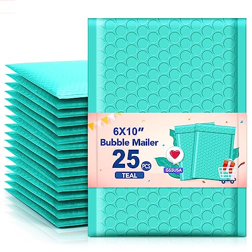 GSSUSA Teal Poly Bubble Mailers 6x10 Padded Envelopes #0 Shipping Envelopes Bubble Mailers Self Sealing Padded Envelope 25Pack