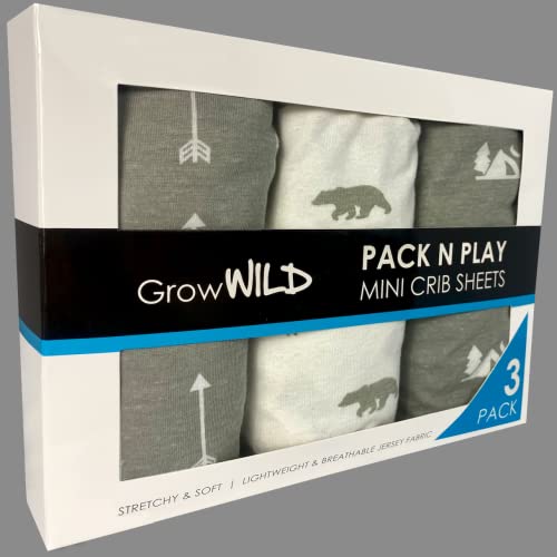 GROW WILD Mini Crib Sheets, Pack N Play Sheets 3-Pack | Soft & Stetchy Cotton Pack and Play Sheets for Playard Mattress | Ultra Soft Pack N Play Fitted Crib Sheet, Mini Pack N Play and Playpen Sheets