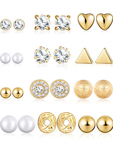 BBTO 24 Pairs Stud Earrings Crystal Pearl Earring Set Ear Stud Jewelry for Girls Women Men, Silver and Gold (Gold)