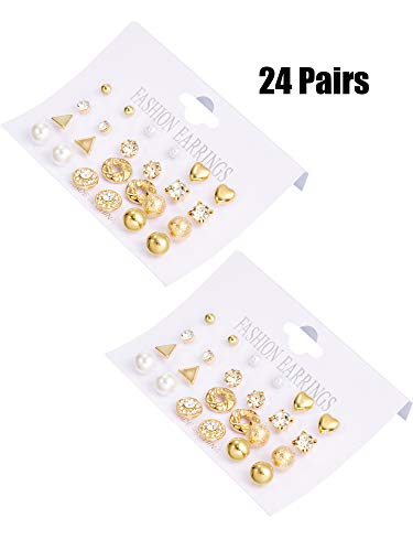 BBTO 24 Pairs Stud Earrings Crystal Pearl Earring Set Ear Stud Jewelry for Girls Women Men, Silver and Gold (Gold)