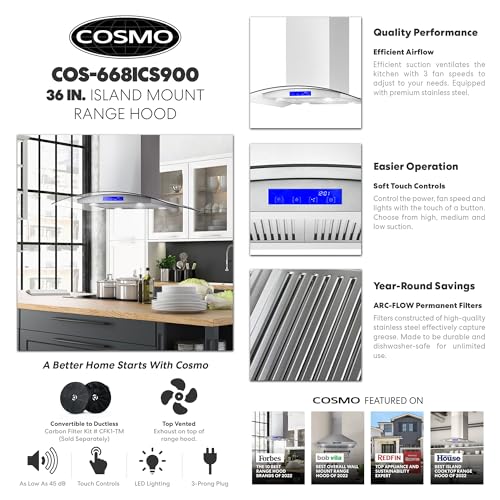 Cosmo 668ICS900 36 in. Island Mount Range Hood with Soft Touch Controls, Permanent Filters, LED Lights, Tempered Glass Visor, in Stainless Steel