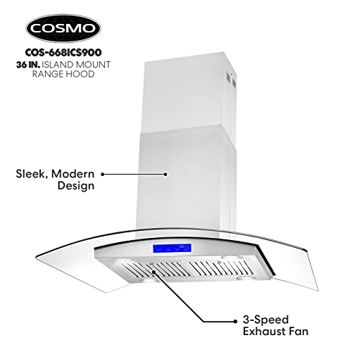 Cosmo 668ICS900 36 in. Island Mount Range Hood with Soft Touch Controls, Permanent Filters, LED Lights, Tempered Glass Visor, in Stainless Steel