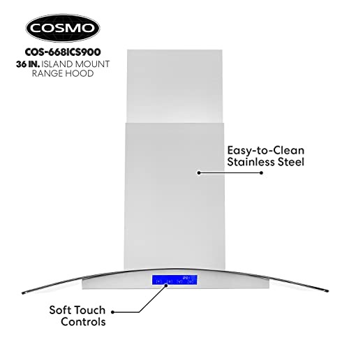 Cosmo 668ICS900 36 in. Island Mount Range Hood with Soft Touch Controls, Permanent Filters, LED Lights, Tempered Glass Visor, in Stainless Steel