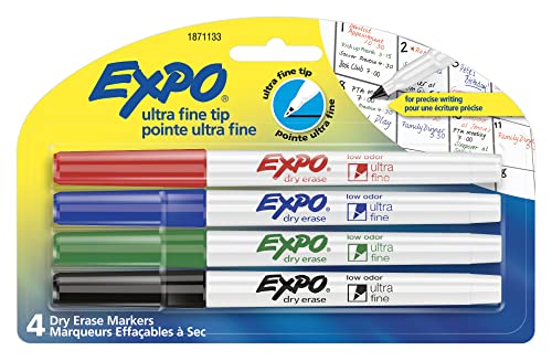 EXPO 1871133 Low-Odor Dry Erase Markers, Ultra Fine Tip, Assorted Colors, 4-Count