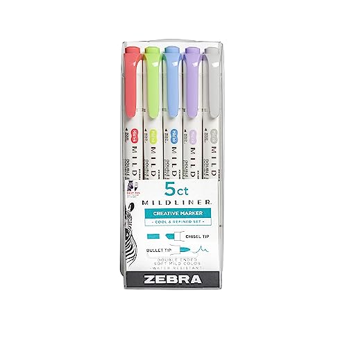 Zebra Pen PK Cool&REFIN Zebra Zensation Mildliner, Double Ended Highlighter, Broad and Fine Tips, Assorted Cool and Refined Colors, 5-Count, 5 Pack, Cool & Refined