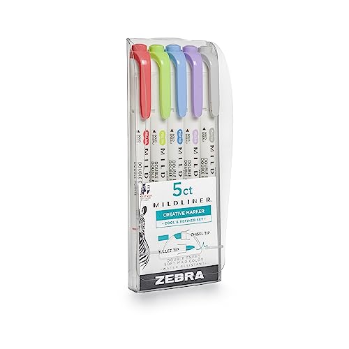 Zebra Pen PK Cool&REFIN Zebra Zensation Mildliner, Double Ended Highlighter, Broad and Fine Tips, Assorted Cool and Refined Colors, 5-Count, 5 Pack, Cool & Refined