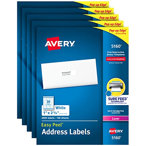 Avery Address Labels with Sure Feed for Laser Printers, 1" x 2-5/8", 15,000 Labels  Great for FBA Labels (5 Packs 5160)