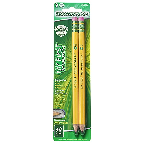 TICONDEROGA My First Pencils, Wood-Cased #2 HB Soft, Pre-Sharpened with Eraser, Yellow, 2-Pack (33306)