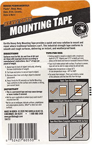 Gorilla Heavy Duty Double Sided Mounting Tape, 1" x 60", Black, (Pack of 1)