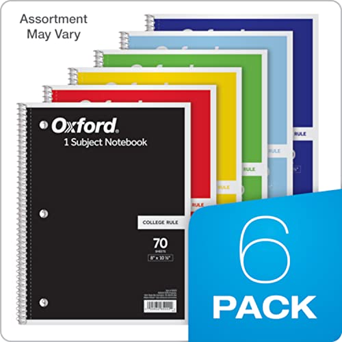 TOPS/Oxford 1-Subject Notebooks, 8" x 10-1/2", College Rule, 70 Sheets, 6 Pack, Color Assortment May Vary (65007)