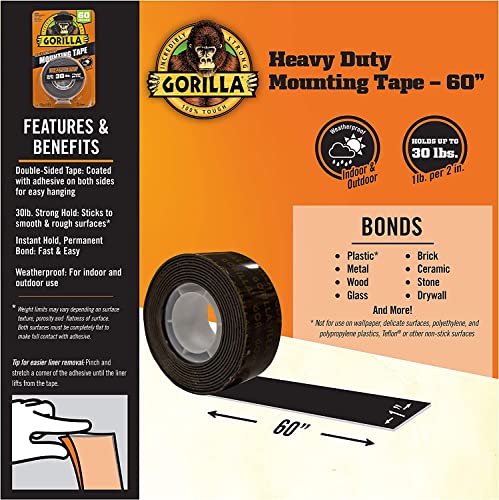 Gorilla Heavy Duty Double Sided Mounting Tape, 1" x 60", Black, (Pack of 1)