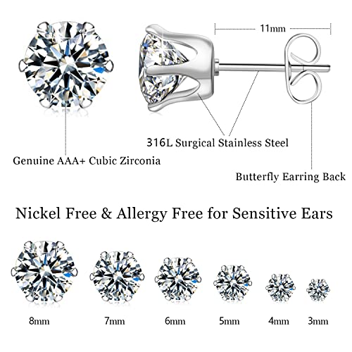 UHIBROS Cubic Zirconia Earrings Studs for Women, 6 Pairs Hypoallergenic 316L Stainless Steel Stud Earrings Set 14K White Gold Plated Multipack CZ Silver Earrings for Mens Girls 3-8mm