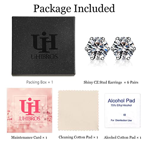 UHIBROS Cubic Zirconia Earrings Studs for Women, 6 Pairs Hypoallergenic 316L Stainless Steel Stud Earrings Set 14K White Gold Plated Multipack CZ Silver Earrings for Mens Girls 3-8mm