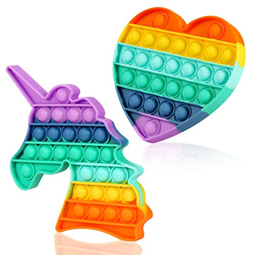 Mr Rex Pop Its Rainbow Heart Unicorn Fidget Pack Sensory Toy, Silicone Push Pop Bubble Autism Stress Toy Reliever Office School Game Crafts for Kids Adults(2 Pack-Rainbow Unicorn + Heart)