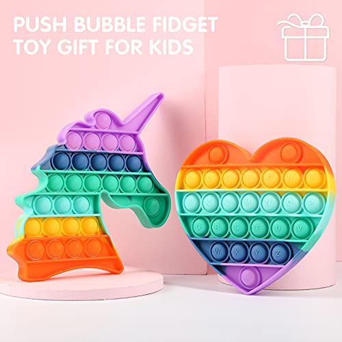 Mr Rex Pop Its Rainbow Heart Unicorn Fidget Pack Sensory Toy, Silicone Push Pop Bubble Autism Stress Toy Reliever Office School Game Crafts for Kids Adults(2 Pack-Rainbow Unicorn + Heart)