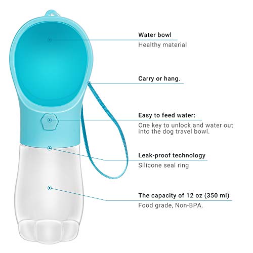 MAEXUS Dog Water Bottle, Portable Dog Bowl, Dog Travel Water Bottle with Leak Proof, Compact Puppy Water Dispenser for Pets Outdoor Walking Hiking, Dog Travel Bowl Food Grade (12 Oz Blue)