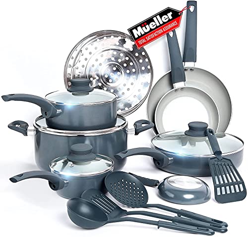Mueller Pots and Pans Set Non-Stick, 16-Piece Healthy Stone Cookware Set, Aluminum Body, Deep Fry Pan, Fry Pan, Sauce Pan, Pot, Stainless Steel Steamer, Vacuum-Free Vented Glass Lids, Gray