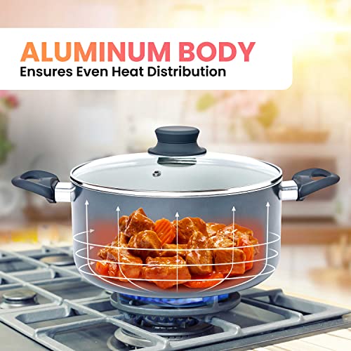 Mueller Pots and Pans Set Non-Stick, 16-Piece Healthy Stone Cookware Set, Aluminum Body, Deep Fry Pan, Fry Pan, Sauce Pan, Pot, Stainless Steel Steamer, Vacuum-Free Vented Glass Lids, Gray