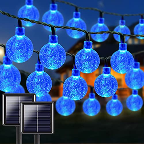 Blue 2-Pack 100 LED 32FT Crystal Globe Solar String Lights Outdoor, Waterproof Solar Lights Outdoor Decorative with 8 Lighting Modes, Solar Powered Patio Lights for Garden Yard Party (Blue)