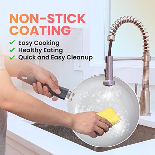 Mueller Pots and Pans Set Non-Stick, 16-Piece Healthy Stone Cookware Set, Aluminum Body, Deep Fry Pan, Fry Pan, Sauce Pan, Pot, Stainless Steel Steamer, Vacuum-Free Vented Glass Lids, Gray