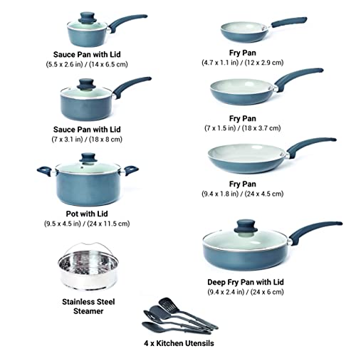Mueller Pots and Pans Set Non-Stick, 16-Piece Healthy Stone Cookware Set, Aluminum Body, Deep Fry Pan, Fry Pan, Sauce Pan, Pot, Stainless Steel Steamer, Vacuum-Free Vented Glass Lids, Gray