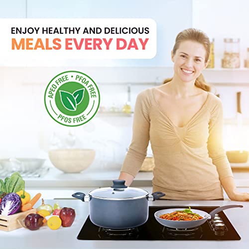 Mueller Pots and Pans Set Non-Stick, 16-Piece Healthy Stone Cookware Set, Aluminum Body, Deep Fry Pan, Fry Pan, Sauce Pan, Pot, Stainless Steel Steamer, Vacuum-Free Vented Glass Lids, Gray