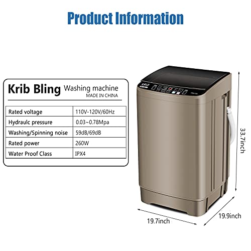 Full-Automatic Washing Machine, 2.1Cu.ft/15.4lbs Krib Bling Portable Compact Laundry Washer with Drain Pump, 10 Wash Programs 4 Water Levels with LED Display