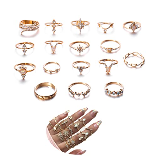 Simsly Boho Kunckle Ring Stackable Rhinestone Gold Joint Nail Ring Crystal Knuckle Rings Set for Women and Girls(17PCS)