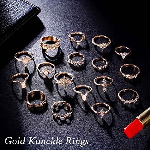 Simsly Boho Kunckle Ring Stackable Rhinestone Gold Joint Nail Ring Crystal Knuckle Rings Set for Women and Girls(17PCS)