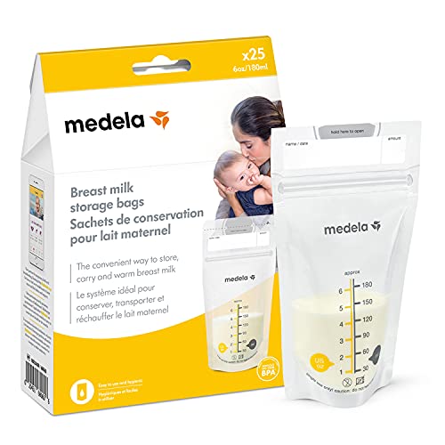 Medela Breast Milk Storage Bags, 25 Count, Ready to Use Breastmilk Bags for Breastfeeding, Self Standing Bag, Space Saving Flat Profile, Hygienically Pre-Sealed, 6 Ounce