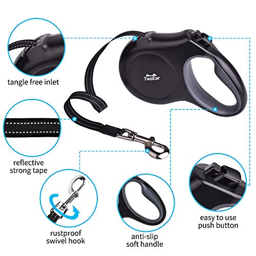 TwoEar Retractable Dog Leash with Dispenser and 60 Poop Bags, 10 ft Heavy Duty Pet Walking Leash for X-Small Breed up to 18 lbs, Tangle-Free, Strong Reflective Nylon Tape with Anti-Slip Handle