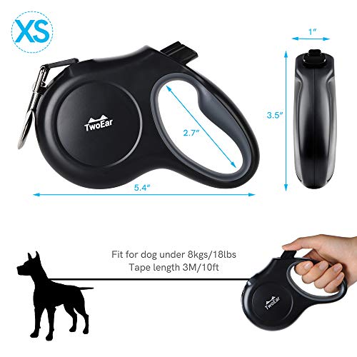 TwoEar Retractable Dog Leash with Dispenser and 60 Poop Bags, 10 ft Heavy Duty Pet Walking Leash for X-Small Breed up to 18 lbs, Tangle-Free, Strong Reflective Nylon Tape with Anti-Slip Handle