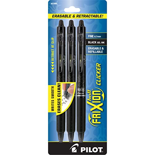 PILOT FriXion Clicker Erasable, Refillable & Retractable Gel Ink Pens, Fine Point, Black Ink, 3 Count (Pack of 1) (31464)
