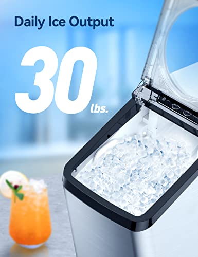Thereye Countertop Nugget Ice Maker, Pebble Ice Maker Machine, 30lbs Per Day, 2 Ways Water Refill, 3Qt Water Reservoir & Self-Cleaning, Stainless Steel Finish Ice Machine for Home Office Bar Party
