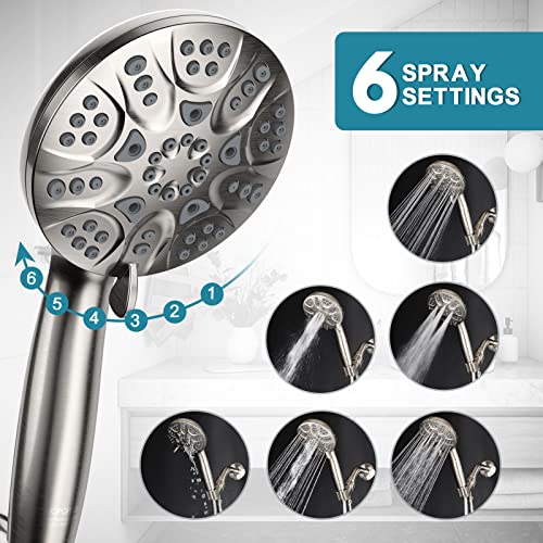 High Pressure Handheld Shower Head, 6 Spray Settings Full Brushed Nickel Shower Head with Handheld, 4.3" High Flow Hand Held Shower head Set with Stainless Steel Hose and Adjustable Bracket